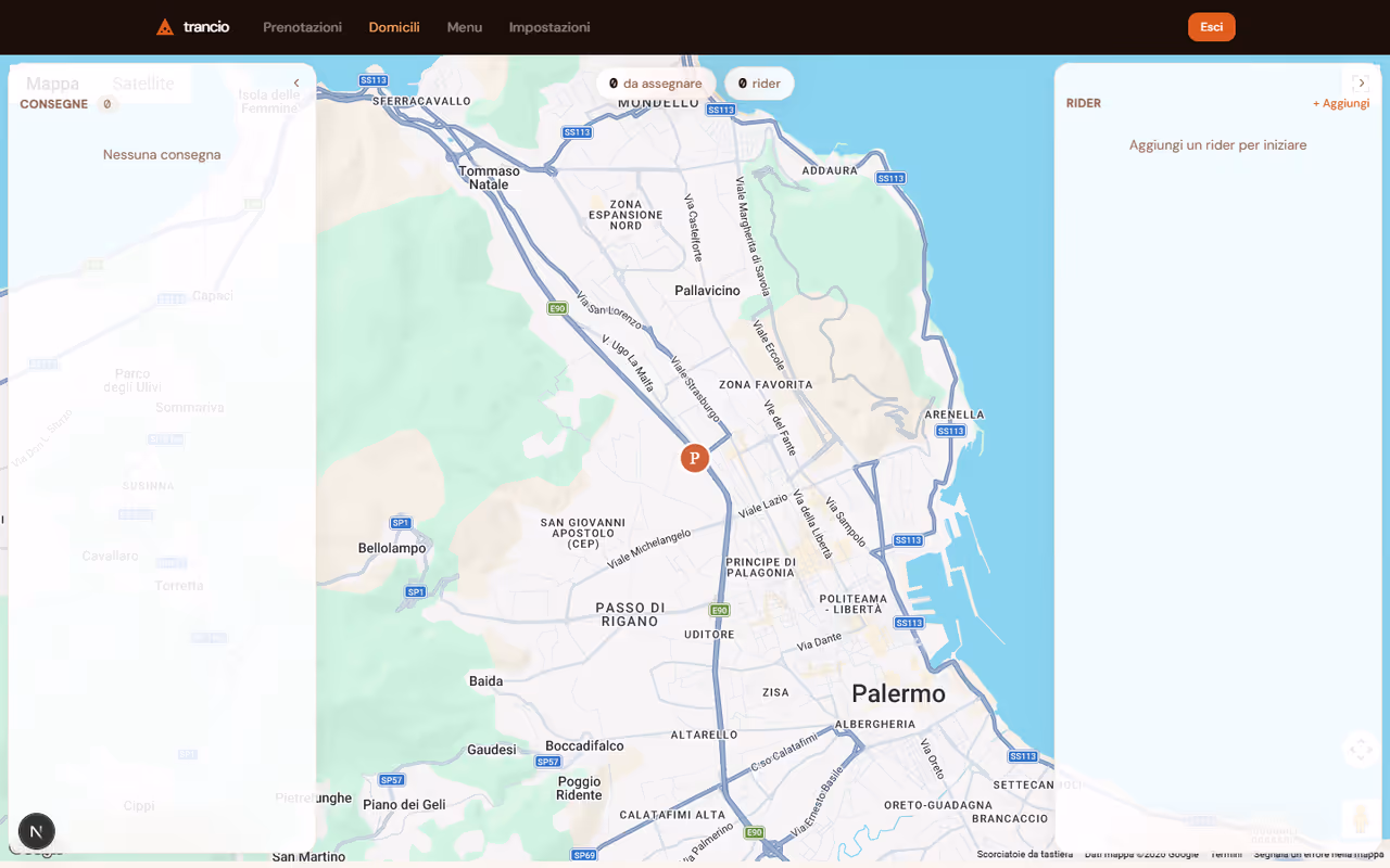 Gestione consegne a domicilio pizzeria Trancio — mappa interattiva con rider e tracking in tempo reale
